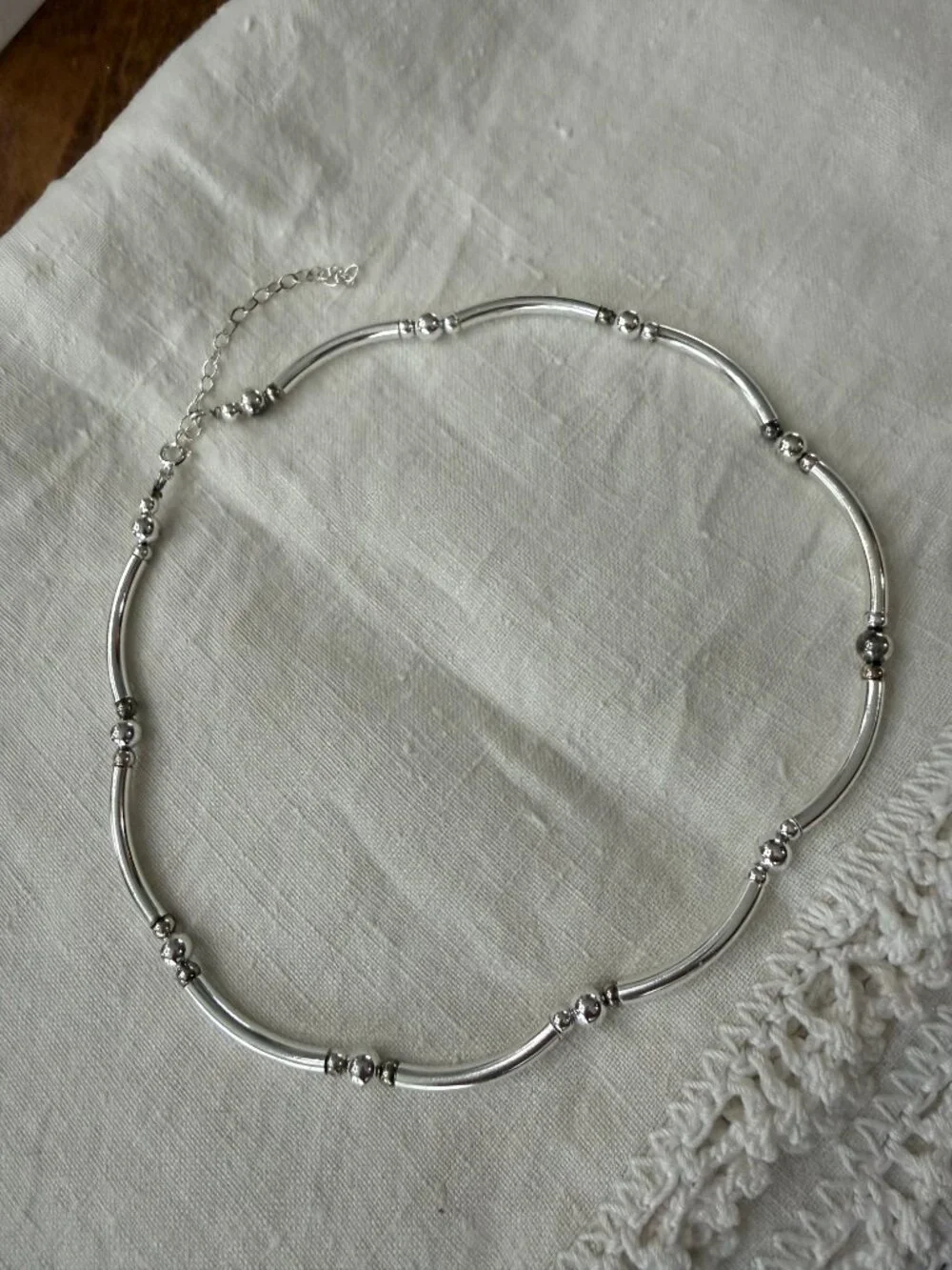 Vintage Sterling Silver Tube & Curved Ball Link Necklace, Expandable 16-19